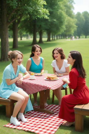 A nostalgic and wholesome scene unfolds: Innocent girls - a group of carefree children, aged 6-12, gather around a rustic wooden table or colorful picnic blanket. The framing features a shallow depth of field, blurring the background as they laugh and play together. Soft sunlight casts warm shadows, accentuating their joyful faces. The composition is playful, with girls in various poses - some sitting, others standing - as they share a game or story. The innocence and camaraderie shine through, inviting the viewer to join in on the fun.