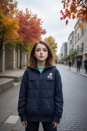 A solitary figure, a young girl, steps out of the grey autumnal mist, her clothes drenched and clinging to her petite frame. The camera captures her from a low angle, looking up at her as she walks down the deserted street, rainwater dripping from her hair like tiny diamonds. Autumn leaves scatter around her, their vibrant colors muted by the drizzle. The girl's eyes are cast downward, her face a picture of forlorn contemplation, as if lost in thought amidst the rhythmic patter of raindrops on the pavement.