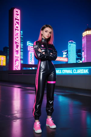 A futuristic cityscape at dusk, with vibrant neon lights reflecting off the wet pavement. A young girl, dressed in a sleek black jumpsuit and bright pink sneakers, stands confidently in front of a towering LED billboard, her arms crossed and eyes gleaming with determination. The neon hues cast an electric glow on her porcelain skin.