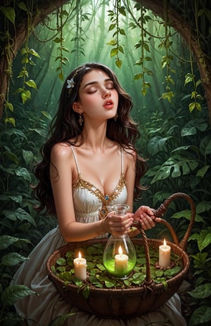 A sultry evening scene unfolds as a beautiful young woman, surrounded by lush greenery and soft candlelight, brings the fragrance of her mysterious potion to her nose. She inhales deeply, eyes closed in rapture, as the aphrodisiac's sweet aroma fills the air.