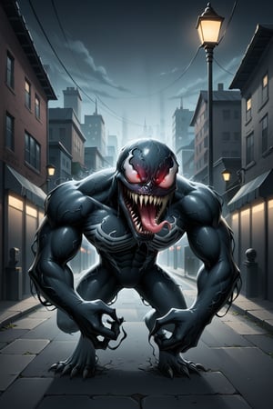 A dark and eerie alleyway on Halloween night. The walls are covered in cobwebs, and flickering streetlights cast an ominous glow. Venom, a sinister-looking figure with sharp teeth and glowing red eyes, lurks in the shadows. His black and red suit blends into the darkness as he prepares to strike, his tongue darting in and out of his mouth.