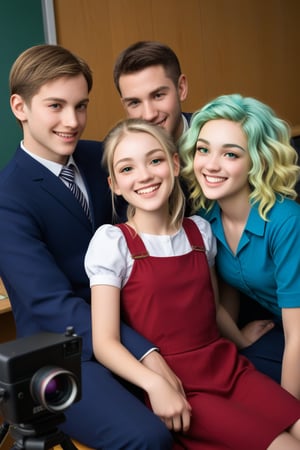 A warm and cozy classroom scene: Two students, one with bright blonde locks and the other with striking silver hair, sit comfortably on the lap of their young teacher. The blonde girl's smile radiates as she leans into her instructor's right side, while the silver-haired student's beaming grin illuminates the left side. Soft natural light fills the room, casting a gentle glow on the trio's joyful moment.