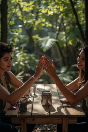 Hands clasped in a warm, inviting gesture, two figures sit around a rustic wooden table, surrounded by a lush green forest. Soft sunlight filters through the trees, casting dappled shadows on their faces. The air is filled with the scent of freshly baked bread as they share a meal together.