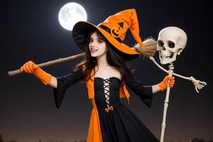 A darkened party scene on Halloween night, a skeleton in a bright orange jumpsuit and matching hat, dancing comically with a giggling girl dressed in a witch's hat and black dress, the skeleton's bony hands grasping a fake mustache as it spins and twirls, the girl holding a broomstick like a microphone, the atmosphere eerie yet playful.