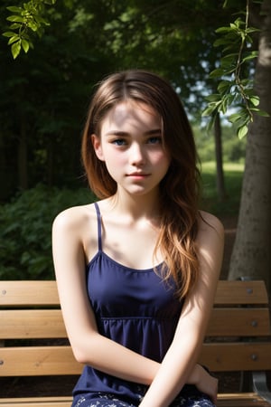 A contemplative young girl sits alone on a worn wooden bench, her arms crossed in front of her as she tilts her head to the side. Her eyes are cast downward, lost in thought, with a gentle furrow between her brows. Soft morning light filters through the nearby trees, casting dappled shadows across her profile.