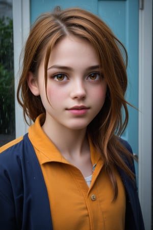 A close-up shot of a young girl, drenched from head to toe, as she rushes towards the entrance of her cozy home. The autumn rain pours down, casting a warm golden glow on the scene. Her hair is matted and her clothes cling to her body, but her face shines with a mix of exhaustion and relief. In the background, the rain-soaked streets are shrouded in mist, as the door's warm light beckons her inside.