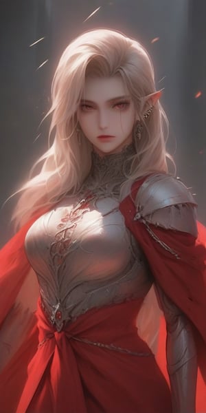 A dark, crimson-stained parchment serves as the ominous backdrop for Freya the Ferocious, a 25-year-old elven barbarian, her chaotic evil alignment seeping into every fiber of her being. The parchment's rough texture and crimson hue evoke a sense of foreboding, mirroring the malevolent energy that radiates from Freya's eyes as she stands tall, her piercing gaze seeming to pierce the very fabric of reality. Her battle-worn armor appears dented and scarred, testament to countless battles fought and won with reckless abandon.