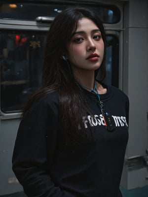 a woman with long dark hair, wearing a black long-sleeved t-shirt, is standing in a subway station. She is facing the left side of the frame, her head tilted slightly to the right. She's wearing a pair of blue earbuds in her left ear, adding a pop of color to her face. The subway station is dimly lit, creating a stark contrast to the dark background.
Realistic, Photorealistic, asian, More Reasonable Details, (masterpiece, best quality:1.3), (absurdres absolutely resolution), (8k), (detailed beautiful face and eyes), (detailed illustration), (super fine illustration) ,__PROMPT__,Midjourney_Whisper,hubggirl,street,city