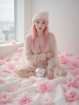 Portrait of a young Asian girl with long pink hair, wearing a white knitted cap, is seated on a bed with a white blanket, there are full of pink flowers on the bed. She is holding a silver disco ball in her right hand, while her left hand rests on her hip. Her left hand is resting on her knee. Her right hand is draped over her right arm, adding a touch of warmth to her body. The backdrop is a stark white, with a window on the left side of the frame.
Realistic, Photorealistic, Asian, Asian girl, Close-up, More Reasonable Details, (masterpiece, best quality:1.3), (absurdres absolutely resolution), (8k), (detailed beautiful face and eyes), (detailed illustration), (super fine illustration) ,__PROMPT__,pink_flower_meadow,Midjourney_Whisper