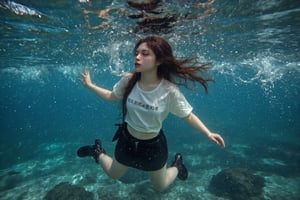 a medium-angle shot captures a young Asian woman swimming underwater. She is dressed in a white t-shirt, a black skirt, and black boots. Her long brown hair cascades over her shoulders, adding a touch of movement to her face. The woman's arms are stretched out to her sides, and her hair is pulled back in a ponytail. The water beneath her is a deep blue, and the sun is shining through the water, creating a stark contrast to her outfit. At the bottom of the image.,Pixomeda style,Midjourney_Whisper,txznasian15