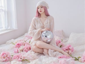 a young Asian girl with long pink hair, wearing a white knitted cap, is seated on a bed with a white blanket, there are full of pink flowers on the bed. She is holding a silver disco ball in her right hand, while her left hand rests on her hip. Her left hand is resting on her knee. Her right hand is draped over her right arm, adding a touch of warmth to her body. The backdrop is a stark white, with a window on the left side of the frame.
Realistic ,Photorealistic , Asian, Wsian girl, More Reasonable Details, (masterpiece, best quality:1.3), (absurdres absolutely resolution), (8k), (detailed beautiful face and eyes), (detailed illustration), (super fine illustration) ,__PROMPT__,pink_flower_meadow,