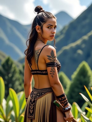 The 17-year-old Maori female warrior has her hair tied up and wears a battle uniform decorated with traditional Maori totems. Her underwear and panties completely cover her body with a sexy element. She holds a green jade battle ax, revealing the weapon in full view. There are exquisite Maori tattoos and battle totems on the body, with clear muscle lines, plump upper circumference and hips. There were battle stains and minor scars on his face. She turns sideways and faces the camera, with the lush jungle and New Zealand mountains in the background.