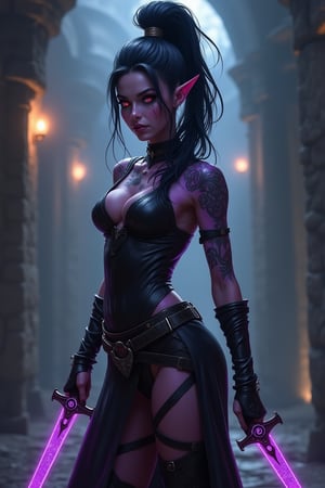 A young Night Elf female assassin, with her hair elegantly coiled high, stands in a dark underground city. She wears a sleek, sexy black leather combat outfit that seamlessly blends the mystique and allure of the Night Elves. Her voluptuous figure is adorned with ancient dark tattoos, exuding a dangerous aura. Her skin is a deep purple, symbolizing her dark origins. She wields two glowing daggers, their forms clearly visible. Her face bears slight scars and grime, with a stern, focused expression as she faces the camera sideways, her eyes gleaming with mystery and coldness. The background is shrouded in mist, with distant flickering lights, enhancing the realism of her as a stealthy, ruthless night assassin.