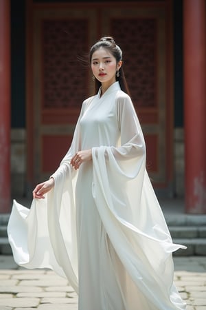 A young Chinese woman in a traditional, flowing beizi, the fabric gently swaying in the wind, exuding grace and elegance. Her long hair is neatly tied in a simple bun, adorned with an antique hairpin. The shot is a full-body front view, capturing her entire posture and the ethereal movement of her attire, emphasizing her dignified demeanor. The background features a classical Chinese courtyard with carved wooden doors and stone pathways, creating a serene atmosphere.