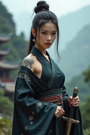 A young Chinese female swordsman with her hair coiled high, wearing a luxurious yet slightly sexy form-fitting Taoist robe. Her slender yet muscular figure showcases her strength and agility. The robe is dark with intricate embroidery and traditional Chinese decorative details, emphasizing mystery and nobility. It fits snugly, highlighting her feminine features while incorporating practical combat elements. She stands with her sword naturally hanging by her side, revealing only part of the blade, its hilt adorned with delicate totems reflecting faint light. In front of an ancient mountain temple, the background features misty mountains and forests, adding a mystical and majestic atmosphere. Her face bears slight battle scars and grime, her gaze resolute and cold. Her arms and body are adorned with exquisite tattoos symbolizing her identity and power, exuding an aura of solitary strength and dominance.