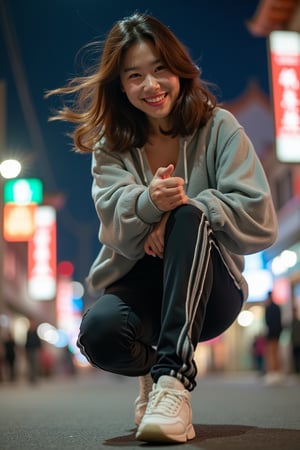 A young Asian woman with a confident smile and vibrant eyes, her medium-length deep brown hair naturally flowing with the wind. She wears a loose athletic jacket and trendy athletic pants in a mix of Japanese and Korean fashion, paired with classic white sneakers. Performing a street dance move, her hands swing and feet move gracefully with strength. Shot from a downward angle, emphasizing her dynamic pose against a vibrant urban nightscape with soft lighting, blending Eastern and Western architectural styles, creating a fashionable and trendy atmosphere.