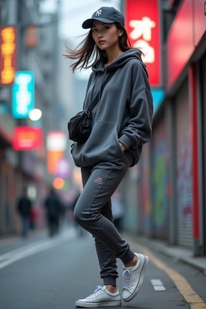 A young Japanese-Korean woman in her mid-20s, dressed in street-style athletic wear: a loose hoodie paired with fitted joggers, white sneakers, a trendy baseball cap, and a small crossbody bag. She stands at a city street corner, mid-action as if she just completed a parkour move. The background features vibrant neon signs and graffiti walls, capturing the urban energy. Her confident expression, windswept hair, and relaxed posture convey a sense of ease and satisfaction after her athletic feat.