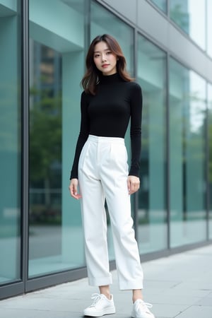 A young Japanese-Korean woman in a minimalist black turtleneck and white straight pants, paired with simple white sneakers, stands beside a modern urban building with geometric glass walls. The scene is dominated by cool, high-tech colors. Shot from a front-facing, level perspective, the background is slightly blurred to emphasize her simplicity and calmness. She has her hands naturally at her sides, with a serene expression, exuding elegance and confidence.