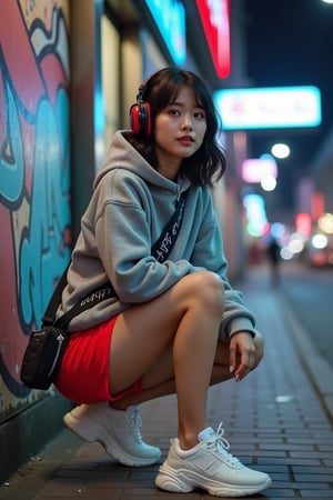 A young Japanese-Korean woman in trendy athletic wear, wearing a loose grey hoodie and bright red athletic shorts, white chunky sneakers. She has large headphones and a stylish crossbody bag, leaning slightly forward with her right hand on her knee, relaxed after exercise. Shot from a low side angle, emphasizing her dynamic and powerful pose. Set in a modern urban street with graffiti walls and street shops, neon lights and street graffiti blur and glow vibrantly, adding energy to the scene.