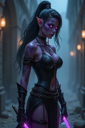 A young Night Elf female assassin, with her hair elegantly coiled high, stands in a dark underground city. She wears a sleek, sexy black leather combat outfit that seamlessly blends the mystique and allure of the Night Elves. Her voluptuous figure is adorned with ancient dark tattoos, exuding a dangerous aura. Her skin is a deep purple, symbolizing her dark origins. She wields two glowing daggers, their forms clearly visible. Her face bears slight scars and grime, with a stern, focused expression as she faces the camera sideways, her eyes gleaming with mystery and coldness. The background is shrouded in mist, with distant flickering lights, enhancing the realism of her as a stealthy, ruthless night assassin.