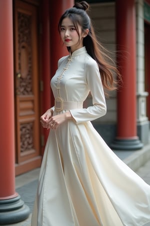 A young Chinese woman in a modernized Tang suit, featuring classic mandarin collar and frog buttons, slightly fitted to accentuate her slender waist. The fabric is light and flowing, with a tight waist sash and airy skirt adding a touch of sensuality. Her long hair is elegantly bunched up, with some strands gently swaying in the wind, adding movement and natural beauty. Full-body shot from a side angle, highlighting her graceful stance and modern flair. The background is a traditional Chinese architecture amidst a modern cityscape, with carved wooden doors and red brick walls, blending tradition and modernity seamlessly.