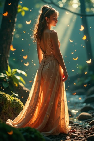 An elegant and sexy female elf stood in the mysterious forest, wearing a light and elegant silk dress. The deep V neckline and high slit skirt fluttered gently in the wind, showing her graceful figure and sexy temperament. The long skirt is composed of multiple layers of tulle, allowing the skin to be looming, adding a sense of mystery and temptation. The waist and shoulders feature a shimmering crystal and leaf pattern that shimmers with her movement. Her hair flows in the wind, the headband is decorated with feathers and tiny crystals, and her earrings and necklace sparkle in the sunlight, reinforcing her mysterious aura. The forest background is filled with meticulous natural detail, with moss-covered tree trunks and low shrubs surrounding her, and leaves falling in the wind. The creek in the distance flows quietly, with a faint light shining on the water. Several magic light spots float in the air, adding to the magical atmosphere. The sunlight passes through the leaves and shines softly on her body, creating a strong contrast of light and shadow, making her stand out in the deep forest. There is a layer of mist in the background, giving the whole scene more depth and mystery.,EnchantingGlow,LightBurst