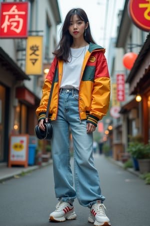 A young Japanese-Korean woman in a retro-style outfit, wearing an 80s-style colorful sports jacket over a simple white T-shirt, paired with high-waisted jeans and chunky sneakers, showcasing a blend of nostalgia and trendiness. She holds a vintage-style headphone and wears wired earphones, adding a touch of retro-tech. The background features a nostalgic alleyway with neon signs and antique shops, creating an 80s atmosphere. The shot is framed from a low frontal angle, emphasizing her fashion sense and the fusion of retro elements.