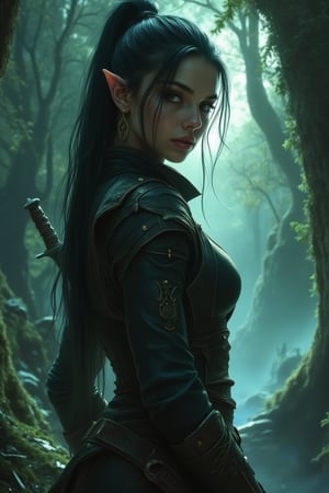 A young, plump female elf assassin, with her hair tied high, wearing a thin and close-fitting leather jacket. The clothing design contains the elegant curves and sexy elements of elf culture. Her skin is covered with delicate tattoos, symbolizing her tribe and warrior status, and her muscle lines are obvious and soft. She holds a delicate dagger, the full length of the weapon clearly visible. There were minor bruises and a bit of dirt on her face. Her expression was cold and focused. She turned sideways and faced the camera with a firm gaze. The background is an ancient forest shrouded in mist. The moonlight passes through the canopy of the tree and gently reflects on her silhouette, showing the woman's mystery and charm, giving her a photo-realistic feel.,Fantasy detailers 