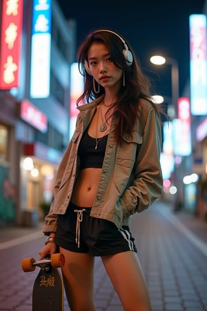 A young Asian woman with delicate, vibrant features and confident eyes, her long deep brown hair flowing in the wind, naturally draped over her shoulders. She wears a loose, hybrid Japanese-Korean style jacket and athletic shorts, paired with trendy sneakers, a street-style necklace, and large earrings enhancing her fashion-forward look. She stands on a city street, holding a skateboard, surrounded by graffiti and street art, with a neon-lit urban nightscape in the background, lights reflecting off wet pavement. The shot is framed at a slight downward angle, capturing her self-portrait with headphones on, blending her dynamic pose with the bustling street environment, with a fountain and plaza visible in the background.