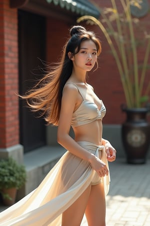 A young Chinese woman in a modernized ruqun, short top with tightly tied silk ribbon at the waist, highlighting her slender figure. Her flowing skirt sways gently in the wind, revealing part of her leg, adding a subtle touch of sensuality. Her long hair is elegantly coiled, with some strands blowing in the wind, adding movement and grace. Shot from the side, capturing her full body, set against a traditional Chinese courtyard in a modern city, with red brick walls and bamboo contrasting, blending traditional and modern elements, enhancing the visual depth.