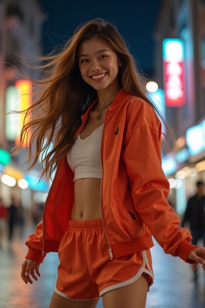 A young Asian woman with a confident smile, bright eyes, and vibrant energy. Her long, light brown hair flows in the air as she moves. She wears a loose, trendy Japanese-Korean style sports jacket paired with fashionable European-American design sports shorts, exuding a sexy, modern vibe. She performs a fluid dance move, her body gracefully spinning with natural arm movements, full of youthful vitality. The camera captures her from a slightly upward angle, emphasizing the dynamic and powerful motion. The background is a mixed-style urban night scene with soft lighting, reflecting her silhouette and city lights on the ground, adding depth and visual impact to the image.