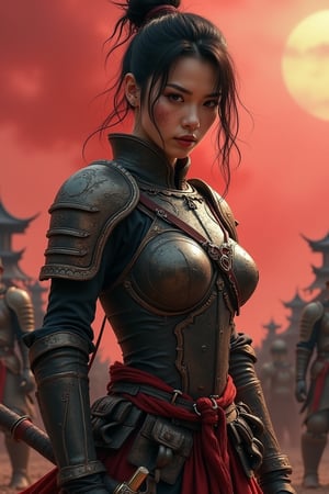 An older Asian female warrior with disheveled hair tied high, wearing form-fitting, highly sexy light armor that hugs her curves, revealing toned arms and part of her skin, adorned with dragon motifs. She holds a matchlock gun and a short sword, with additional ancient Chinese firearms and cold weapons. Her face shows minor scars and mud, with a cold, fierce gaze. The background features a smoky ancient battlefield under a red-tinted sky, creating a tense atmosphere.