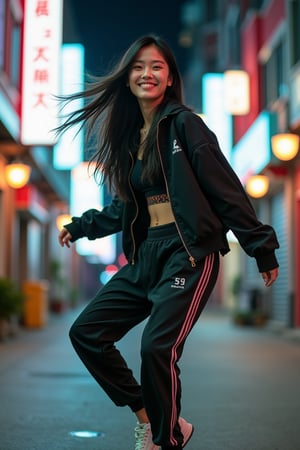 A young Asian woman with a confident smile, her eyes full of vitality and self-assurance. Her long, deep black hair flows freely as she moves. She wears trendy Japanese-Korean style athletic wear: a loose jacket, sporty pants, and cool sneakers, blending street style with fashion. She performs a street dance, her hands swinging, legs agilely crossing and jumping, exuding youthful energy. The background is a modern urban night district with a mix of Eastern and Western architectural styles, neon lights and street art creating a soft, vibrant atmosphere. The scene captures the perfect fusion of street culture and dance.