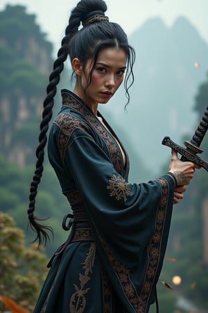 An older Chinese female swordsman with her hair coiled high, wearing a luxurious yet slightly sexy form-fitting Taoist robe. Her slender yet muscular figure showcases her strength and agility. The robe is dark with intricate embroidery and traditional Chinese decorative details, emphasizing mystery and nobility. It fits snugly, highlighting her feminine features while incorporating practical combat elements. She stands with her sword raised and in motion, its hilt adorned with delicate totems reflecting faint light. In front of an ancient mountain temple, the background features misty mountains and forests, adding a mystical and majestic atmosphere. Her face bears slight battle scars and grime, her gaze sharp and deadly. Her arms and body are free of tattoos, exuding an aura of solitary strength and dominance as she wields her weapon with precision and power.