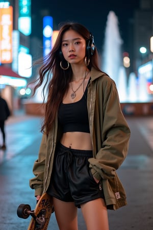 A young Asian woman with delicate, vibrant features and confident eyes, her long deep brown hair flowing in the wind, naturally draped over her shoulders. She wears a loose, hybrid Japanese-Korean style jacket and athletic shorts, paired with trendy sneakers, a street-style necklace, and large earrings enhancing her fashion-forward look. She stands on a city street, holding a skateboard, surrounded by graffiti and street art, with a neon-lit urban nightscape in the background, lights reflecting off wet pavement. The shot is framed at a slight downward angle, capturing her self-portrait with headphones on, blending her dynamic pose with the bustling street environment, with a fountain and plaza visible in the background.