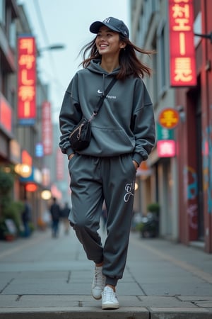 A young Japanese-Korean woman in her mid-20s, dressed in street-style athletic wear: a loose hoodie paired with fitted joggers, white sneakers, a trendy baseball cap, and a small crossbody bag. She stands at a city street corner, mid-action as if she just completed a parkour move. The background features vibrant neon signs and graffiti walls, capturing the urban energy. Her confident expression, windswept hair, and relaxed posture convey a sense of ease and satisfaction after her athletic feat.