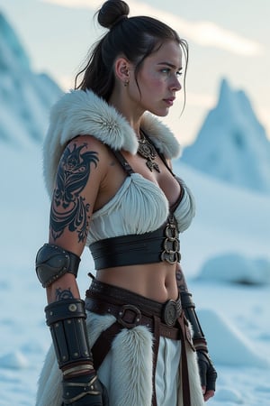 A 17-year-old polar warrior, with her hair tied up, wearing a tight combat outfit that combines heavy fur and metal armor while maintaining a sexy element. She holds a spear, fully displayed. Her body is adorned with intricate tattoos, showing strong muscle lines and a robust figure. Her face bears frost and slight battle scars, reflecting her resilience in harsh conditions. She stands in a vast icy plain with towering icebergs in the background, seen from the side. The distant aurora gently illuminates the sky.