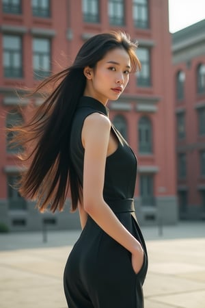 A young Chinese woman in a modernized, tailored Sun Yat-sen suit with a classic collar and cinched waist, the fabric light and form-fitting, slightly open neckline adding a touch of modern sensuality. Her long hair is elegantly upswept, strands blowing in the wind, adding movement and natural beauty. Shot from the side, capturing her full figure against a backdrop of a modern city with a Chinese architectural style, red bricks and glass facades symbolizing the blend of tradition and modernity. The scene is dynamic and vibrant.