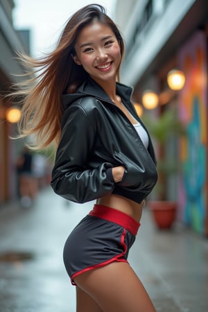 A confident young Asian woman with a vibrant smile and lively eyes, her medium-length bright brown hair flowing in the wind, glossy and dynamic. She wears a trendy mix of a Japanese-Korean style sports jacket and European-American style athletic shorts, emphasizing her curves with a sexy yet fashionable look. She performs a light street dance move, arms naturally swinging, body spinning with energetic fluidity. The background is a modern urban plaza with graffiti on the walls, wet pavement reflecting city lights after rain, creating a youthful, street-style atmosphere. The camera angle is slightly tilted from above, capturing her dynamic spinning moment.