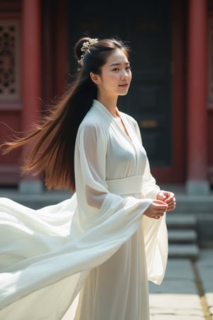 A young Chinese woman in a traditional, flowing beizi, the fabric gently swaying in the wind, exuding grace and elegance. Her long hair is neatly tied in a simple bun, adorned with an antique hairpin. The shot is a full-body front view, capturing her entire posture and the ethereal movement of her attire, emphasizing her dignified demeanor. The background features a classical Chinese courtyard with carved wooden doors and stone pathways, creating a serene atmosphere.