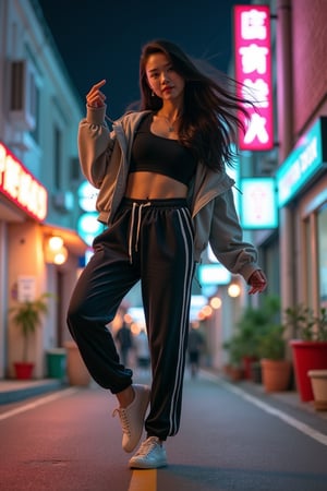 A young Asian woman with a confident smile, her eyes full of vitality and self-assurance. Her long, deep black hair flows freely as she moves. She wears trendy Japanese-Korean style athletic wear: a loose jacket, sporty pants, and cool sneakers, blending street style with fashion. She performs a street dance, her hands swinging, legs agilely crossing and jumping, exuding youthful energy. The background is a modern urban night district with a mix of Eastern and Western architectural styles, neon lights and street art creating a soft, vibrant atmosphere. The scene captures the perfect fusion of street culture and dance.