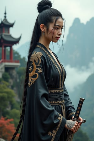 A young Chinese female swordsman with her hair coiled high, wearing a luxurious yet slightly sexy form-fitting Taoist robe. Her slender yet muscular figure showcases her strength and agility. The robe is dark with intricate embroidery and traditional Chinese decorative details, emphasizing mystery and nobility. It fits snugly, highlighting her feminine features while incorporating practical combat elements. She stands with her sword naturally hanging by her side, revealing only part of the blade, its hilt adorned with delicate totems reflecting faint light. In front of an ancient mountain temple, the background features misty mountains and forests, adding a mystical and majestic atmosphere. Her face bears slight battle scars and grime, her gaze resolute and cold. Her arms and body are adorned with exquisite tattoos symbolizing her identity and power, exuding an aura of solitary strength and dominance.