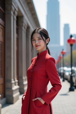 A young Chinese woman in a traditional Zhongshan suit, featuring a simple and elegant cut, upright collar, and four iconic pockets. Her long hair is neatly tied into a low bun, smooth and well-groomed. Full-body shot from a slightly low angle, highlighting her figure and the suit's structured lines. The background is a modern city street with towering skyscrapers and classical carved buildings, symbolizing the blend of tradition and modernity.