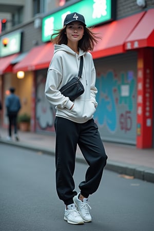 A young Japanese-Korean woman in her mid-20s, dressed in street-style athletic wear: a loose hoodie paired with fitted joggers, white sneakers, a trendy baseball cap, and a small crossbody bag. She stands at a city street corner, mid-action as if she just completed a parkour move. The background features vibrant neon signs and graffiti walls, capturing the urban energy. Her confident expression, windswept hair, and relaxed posture convey a sense of ease and satisfaction after her athletic feat.