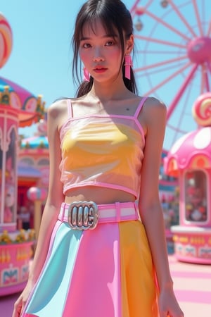 The Asian girl wears candy-style fashionable clothing. The top made of jelly has a translucent glossy effect. The geometric skirt is spliced ​​with hard candy elements to show a sense of structure. The belt combines metal and lollipop elements, creating a sweet and urban trend. Her low ponytail hairstyle is decorated with candy-colored ribbons, and the overall style is fashionable. The background is a candy-themed amusement park. The facilities are inspired by candy. The Ferris wheel and ground design are in the style of modern architecture and street installation art. The neon lights add candy tones. The scene is fashionable and full of design.