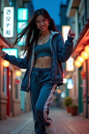 A young Asian woman with a confident smile, her eyes full of vitality and self-assurance. Her long, deep black hair flows freely as she moves. She wears trendy Japanese-Korean style athletic wear: a loose jacket, sporty pants, and cool sneakers, blending street style with fashion. She performs a street dance, her hands swinging, legs agilely crossing and jumping, exuding youthful energy. The background is a modern urban night district with a mix of Eastern and Western architectural styles, neon lights and street art creating a soft, vibrant atmosphere. The scene captures the perfect fusion of street culture and dance.