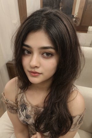 beautiful cute young attractive indian teenage girl, village girl, 18 years old, cute,  Instagram model, long black_hair, colorful hair, warm, dacing, in home sit at  sofa, indian