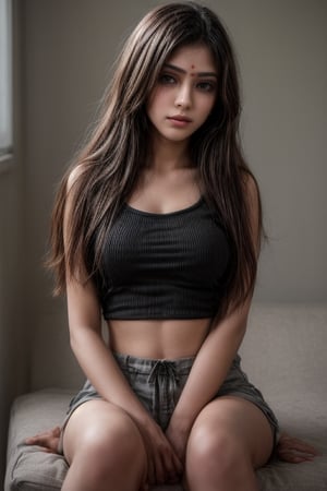 beautiful cute young attractive indian teenage girl, village girl, 18 years old, cute,  Instagram model, long black_hair, colorful hair, warm, dacing, in home sit at  sofa, indian