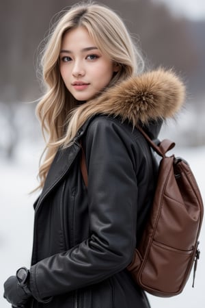 Captured at eye-level, a blonde woman stands in a winter scene, her hair cascades over her shoulders. She is dressed in a black leather jacket, a brown leather backpack, and black gloves. Her coat is adorned with a brown fur hood, adding a touch of warmth to her outfit. The background is blurred, creating a stark contrast to the woman's outfit.