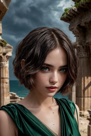 A real young girl with perfect skin and hazelnut hair in a short bob haircut stands amidst an old, ancient ruin, her eyes emerald green. She wears a short and revealing ancient greek gown that drips over her skin like waters. The lighting is an eerie, sickly yellow, casting long shadows across the broken ruins. In the background, a dark, stormy sky looms, with lightning bolts illuminating the girl's pale face like tiny, macabre spotlights.